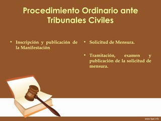 Procedimiento Ordinario ante
          Tribunales Civiles

• Inscripción y publicación de   • Solicitud de Mensura.
  la M...