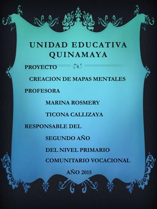 UNIDAD EDUCATIVA
QUINAMAYA
PROYECTO
CREACION DE MAPAS MENTALES
PROFESORA
MARINA ROSMERY
TICONA CALLIZAYA
RESPONSABLE DEL
SEGUNDO AÑO
DEL NIVEL PRIMARIO
COMUNITARIO VOCACIONAL
AÑO 2015
 