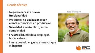 Deuda técnica
Ward Cunningham• Negocio necesita nueva
funcionalidad
• Productos no acabados o con
errores conocidos en producción
• Velocidad a corto plazo, suma
complejidad
• Frustración, miedo a desplegar,
horas extras…
• Limite cuando el gasto es mayor que
el ingreso
 
