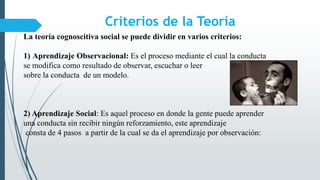Criterios de la Teoría
La teoría cognoscitiva social se puede dividir en varios criterios:
1) Aprendizaje Observacional: Es el proceso mediante el cual la conducta
se modifica como resultado de observar, escuchar o leer
sobre la conducta de un modelo.
2) Aprendizaje Social: Es aquel proceso en donde la gente puede aprender
una conducta sin recibir ningún reforzamiento, este aprendizaje
consta de 4 pasos a partir de la cual se da el aprendizaje por observación:
 