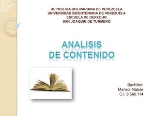 REPUBLICA BOLIVARIANA DE VENEZUELA
UNIVERSIDAD BICENTENARIA DE VENEZUELA
ESCUELA DE DERECHO
SAN JOAQUIN DE TURMERO

Bachiller:
Marisol Matute
C.I. 9.660.114

 