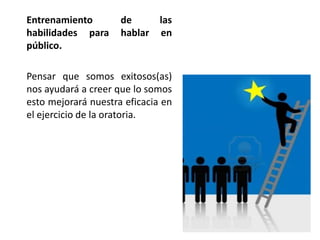 Entrenamiento        de     las
habilidades para     hablar en
público.

Pensar que somos exitosos(as)
nos ayudará a creer que lo somos
esto mejorará nuestra eficacia en
el ejercicio de la oratoria.
 