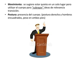 • Movimiento: se sugiere estar quieto en un solo lugar pero
  utilizar el cuerpo para “subrayar” ideas de relevancia
  transición.
• Postura: presencia del cuerpo. (postura derecha y hombros
  encuadrados, peso en ambos pies)
 