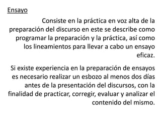Ensayo
            Consiste en la práctica en voz alta de la
preparación del discurso en este se describe como
  programar la preparación y la práctica, así como
     los lineamientos para llevar a cabo un ensayo
                                              eficaz.
 Si existe experiencia en la preparación de ensayos
  es necesario realizar un esbozo al menos dos días
       antes de la presentación del discursos, con la
finalidad de practicar, corregir, evaluar y analizar el
                               contenido del mismo.
 