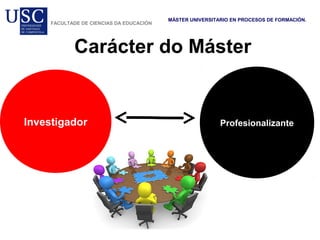 Carácter do Máster
MÁSTER UNIVERSITARIO EN PROCESOS DE FORMACIÓN.
FACULTADE DE CIENCIAS DA EDUCACIÓN
ProfesionalizanteInvestigador
 