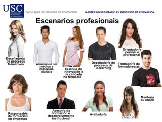 Deseñador/a
de procesos
formativos Formador/a de
formadores/as
Responsable
de formación
en empresas
Xestor/a da
innovación e
da calidade
na formación
Asesor/a da
formación e
desenvolvemento
institucional
MÁSTER UNIVERSITARIO EN PROCESOS DE FORMACIÓN.FACULTADE DE CIENCIAS DA EDUCACIÓN
Deseñador de
medios e
materiais
dixitais
Orientador/a
persoal e
profesional
Escenarios profesionais
Deseñador/a de
procesos de
e-learning
Mentor/a
ou coach
Avaliador/a
 