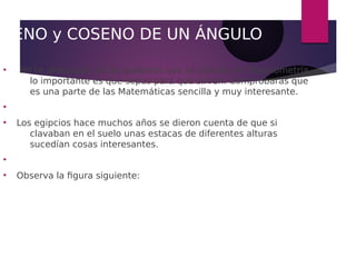 SENO y COSENO DE UN ÁNGULO
●
No te preocupes de las palabras que se utilizan en Trigonometría,
lo importante es que sepas para qué sirven. Comprobarás que
es una parte de las Matemáticas sencilla y muy interesante.
●
●
Los egipcios hace muchos años se dieron cuenta de que si
clavaban en el suelo unas estacas de diferentes alturas
sucedían cosas interesantes.
●
●
Observa la figura siguiente:
 