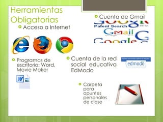 Herramientas
                                        Cuenta   de Gmail
Obligatorias
     Acceso    a Internet




                         Cuenta     de la red
   Programas de
    escritorio: Word,        social educativa
    Movie Maker              EdModo

                                  Carpeta
                                   para
                                   apuntes
                                   personales
                                   de clase
 