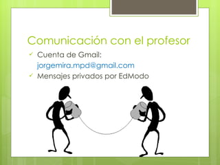 Comunicación con el profesor
   Cuenta de Gmail:
    jorgemira.mpd@gmail.com
   Mensajes privados por EdModo
 