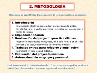 2. METODOLOGÍA
Dependerá de cada Unidad Didáctica, pero de forma general será la siguiente:

1. Introducción
Se explicarán objetivos, contenidos y evaluación de la unidad.
Se plantea uno o varios proyectos, ejercicios de informática, o
fichas de trabajo.

2. Explicación teórica
3. Realización del proyecto/prácticas/fichas

Pueden ser individuales o en grupos, en el aula Althia o en el Taller,
en clase o en casa, dependiendo de la unidad didáctica.

4. Trabajos extras para refuerzo y ampliación
Se indicará en cada Unidad Didáctica.

5. Evaluación del proyecto/examen.
6. Autoevaluación en grupo y personal.
Las fotocopias de los contenidos de cada U.D. estarán en reprografía y en el aula
virtual Papás (se necesitan claves que se proporcionan a los padres)

3

 