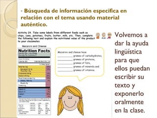 Búsqueda de información específica en relación con el tema usando material auténtico. Volvemos a dar la ayuda lingüística para que ellos puedan escribir su texto y exponerlo oralmente en la clase.