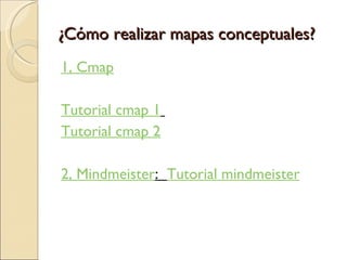 ¿Cómo realizar mapas conceptuales? 1, Cmap Tutorial cmap 1 Tutorial cmap 2 2, Mindmeister : Tutorial mindmeister