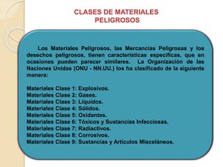 CLASES DE MATERIALES
PELIGROSOS
Los Materiales Peligrosos, las Mercancías Peligrosas y los
desechos peligrosos, tienen características específicas, que en
ocasiones pueden parecer similares. La Organización de las
Naciones Unidas (ONU - NN.UU.) los ha clasificado de la siguiente
manera:
Materiales Clase 1: Explosivos.
Materiales Clase 2: Gases.
Materiales Clase 3: Líquidos.
Materiales Clase 4: Sólidos.
Materiales Clase 5: Oxidantes.
Materiales Clase 6: Tóxicos y Sustancias Infecciosas.
Materiales Clase 7: Radiactivos.
Materiales Clase 8: Corrosivos.
Materiales Clase 9: Sustancias y Artículos Misceláneos.
 