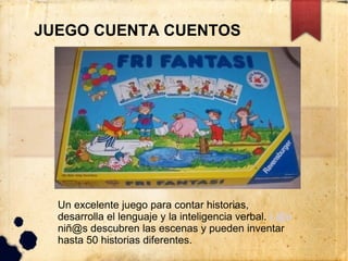 JUEGO CUENTA CUENTOS




  Un excelente juego para contar historias,
  desarrolla el lenguaje y la inteligencia verbal. L@s
  niñ@s descubren las escenas y pueden inventar
  hasta 50 historias diferentes.
 
