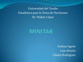 Universidad del Turabo Estadística para la Toma de Decisiones Dr. Walter López MINITAB Ivelisse Agrón Luis Alverio Gladys Rodríguez 