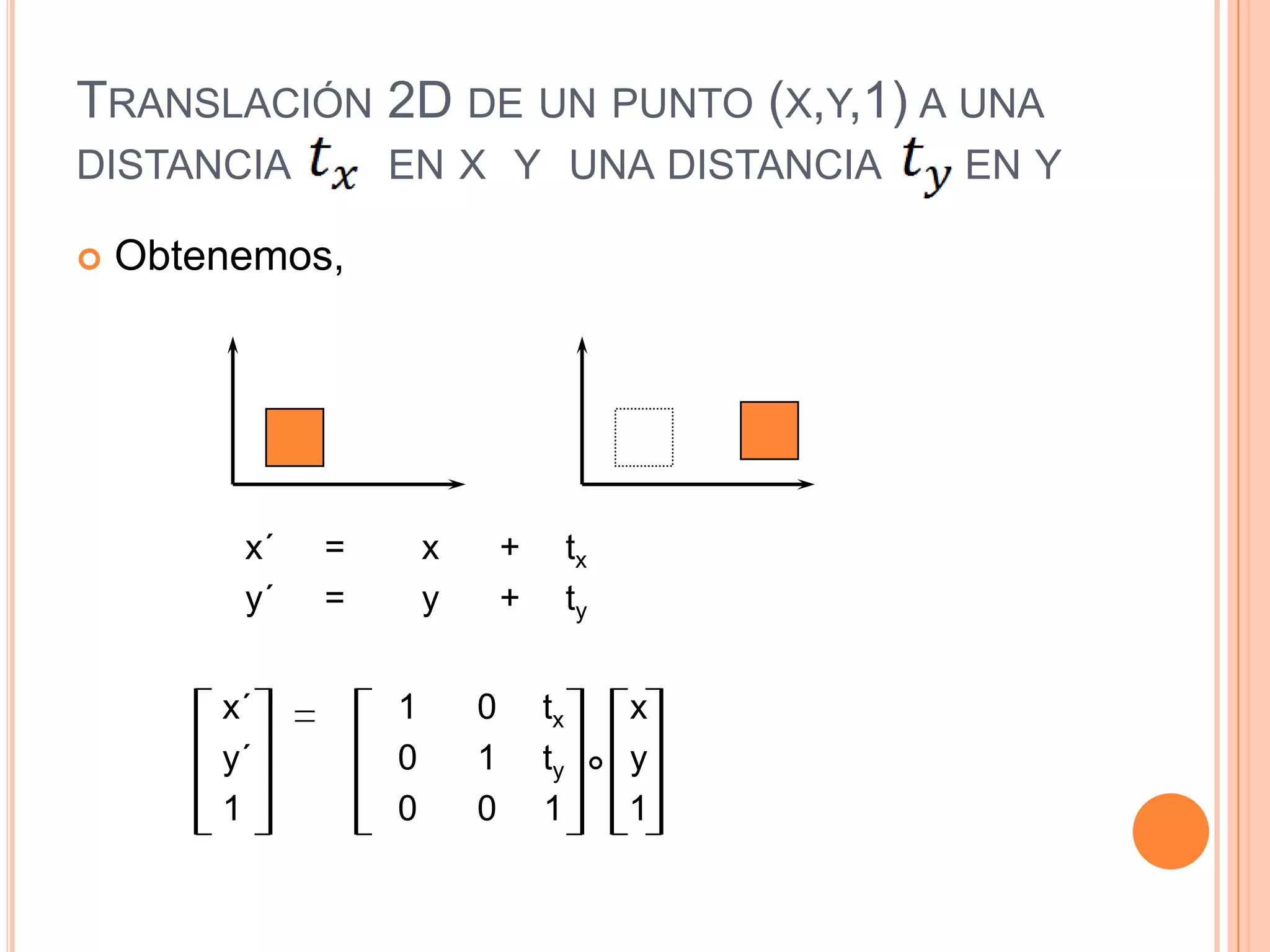 Translación 2D de un punto (x,y,1) a una distancia       en x  y  una distancia      en yObtenemos,x´		1	0	tx	    xy´		0	1	ty	    y	1		0	0	1	    1x´	=	x	+	txy´	=	y	+	ty