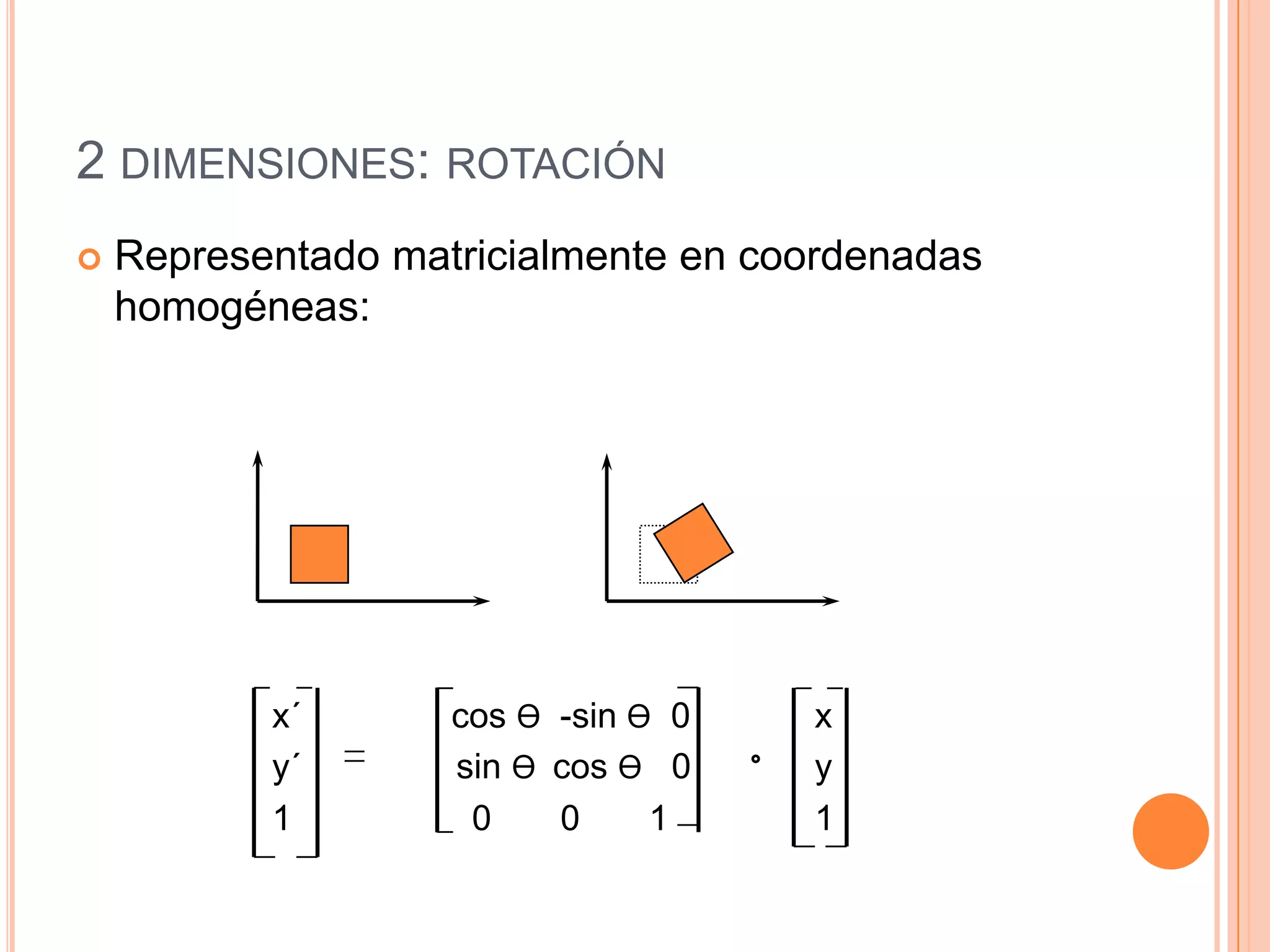 2 dimensiones: rotaciónx´		cos Ѳ	 -sin Ѳ0 	xy´		sin Ѳ 	 cos Ѳ0		y1		0 	    01 		1Representado matricialmente en coordenadas homogéneas: