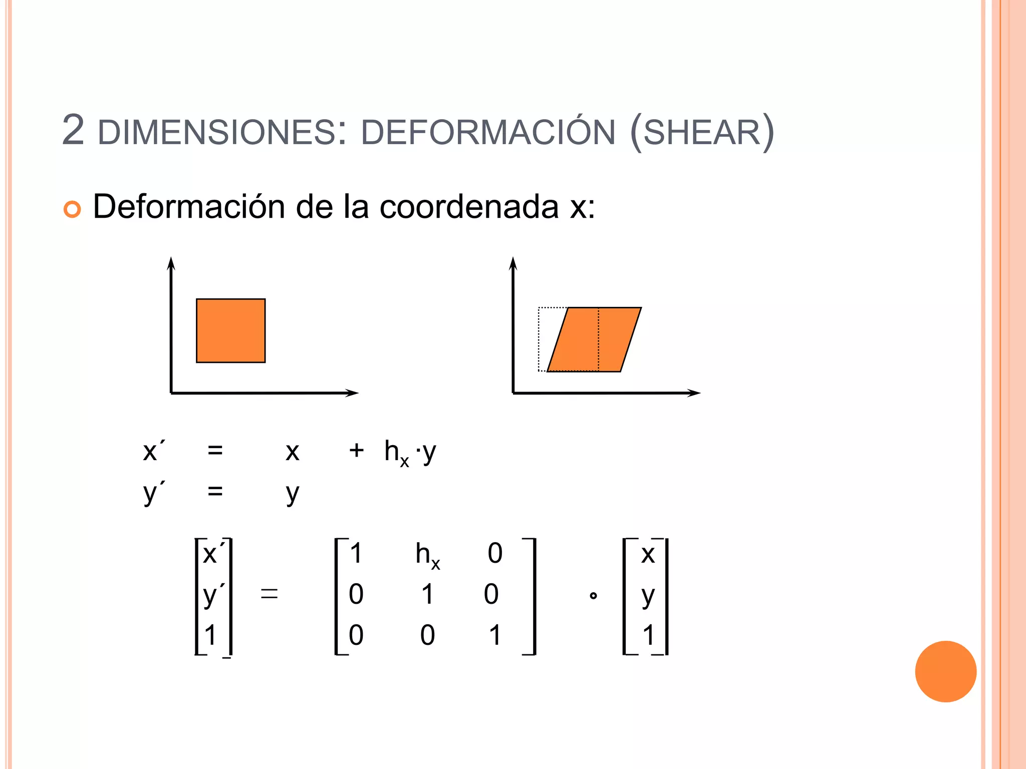 2 dimensiones: deformación (shear)Deformación de la coordenada x:x´		 1 	hx	 0 		xy´		 0 	10		y1		 0 	0	 1 		1x´	=	x	+	hx ·yy´	=	y