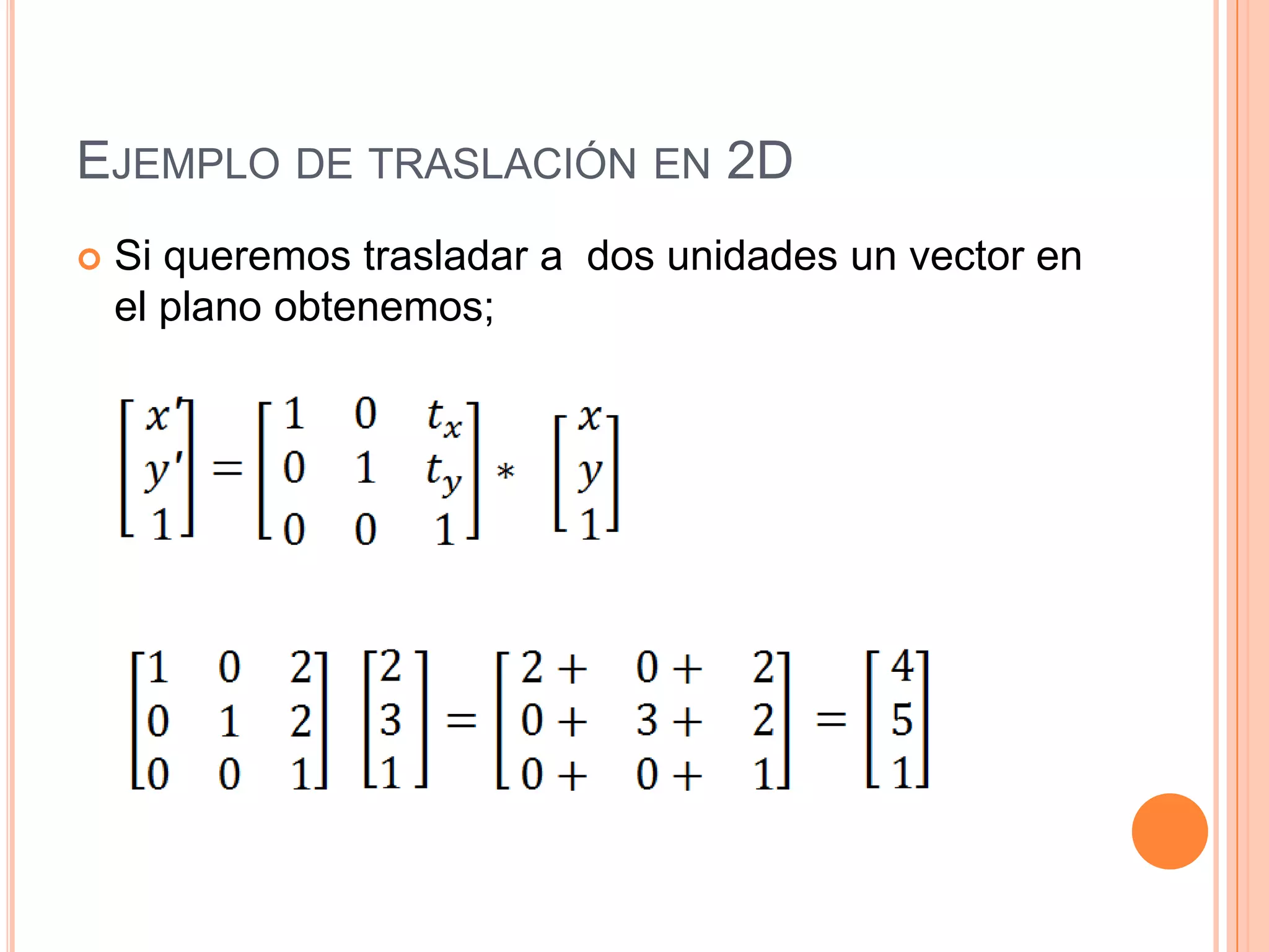 Ejemplo de traslación en 2DSi queremos trasladar a  dos unidades un vector en el plano obtenemos;