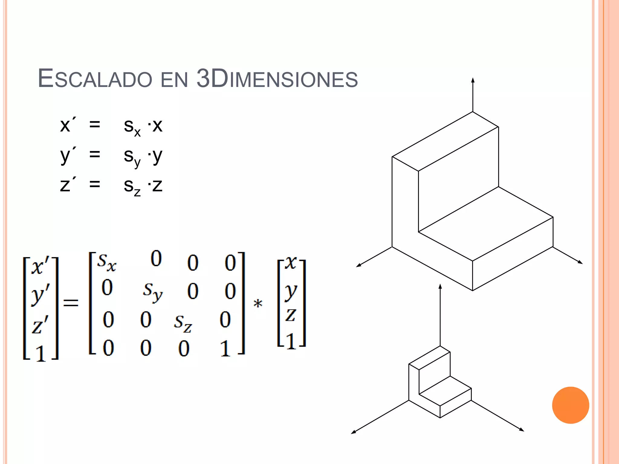 Escalado en 3Dimensiones    x´	=	 sx ·x    y´	=	 sy ·y    z´	=	 sz ·z
