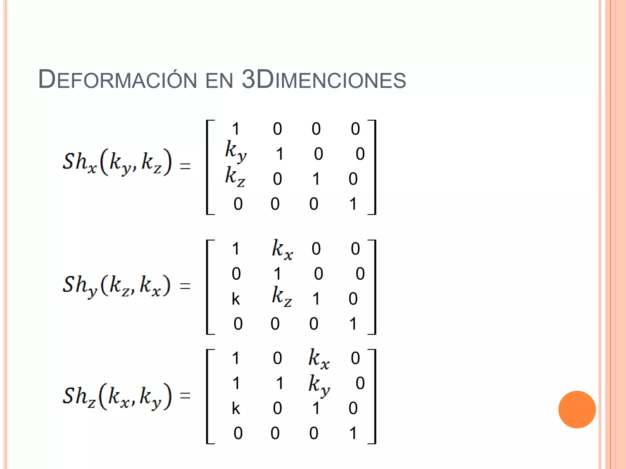 Deformación en 3Dimenciones10 00 1   0    0                 0 1 0		 0	0	0	1	100          0  1    0    0                 k 1 0		 0	0	0	1	10 0          1   1    0                 k0 1 0		 0	0	0	1	