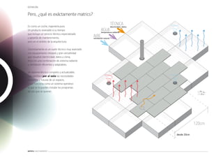 DEFINICIÓN

Pero, ¿qué es exáctamente matrics?

Es como un coche, ingeniería pura.
                                                                TÉCNICA
                                                                electricidad / datos
Un producto avanzado a su tiempo                      AGUA radiante
                                                      temperatura
que incluye un servicio técnico especializado
y garantía de mantenimiento,                     AIRE natural
                                                 ventilación
pero en el ámbito de la arquitectura.

Concretamente es un suelo técnico muy avanzado
con equipamiento integral y gran versatilidad
que resuelve electricidad, datos y clima,
ésta con una combinación de sistema radiante
y ventilación eﬁcientes y adaptables.

Un sistema técnico completo y actualizable,
que satisface por sí solo las necesidades
presentes y futuras de un espacio,
y que funciona como un sistema operativo
al que se le pueden instalar los programas
de uso que se quieran.                                                                               Clima: 100% natural
                                                                                                     Potencia técnica: 139 W/m2
                                                                                                     Ventilación: 10 m3/m2h
                                                                                                     Humedad: 45 a 55 %HR




                                                                                                    120cm

                                                                                       desde 20cm




MATRICS: SUELO GENERATIVO
 