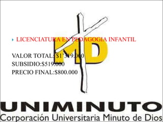    LICENCIATURA EN PEDAGOGIA INFANTIL

VALOR TOTAL: $1’319.000
SUBSIDIO:$519.000
PRECIO FINAL:$800.000
 