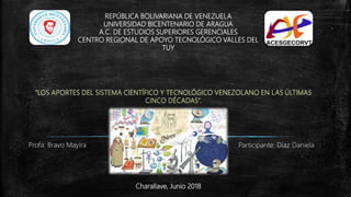 REPÚBLICA BOLIVARIANA DE VENEZUELA
UNIVERSIDAD BICENTENARIO DE ARAGUA
A.C. DE ESTUDIOS SUPERIORES GERENCIALES
CENTRO REGIONAL DE APOYO TECNOLÓGICO VALLES DEL
TUY
Charallave, Junio 2018
Profa: Bravo Mayira Participante: Díaz Daniela
 