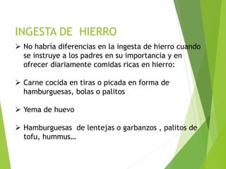 ➢ No habría diferencias en la ingesta de hierro cuando
se instruye a los padres en su importancia y en
ofrecer diariamente comidas ricas en hierro:
➢ Carne cocida en tiras o picada en forma de
hamburguesas, bolas o palitos
➢ Yema de huevo
➢ Hamburguesas de lentejas o garbanzos , palitos de
tofu, hummus…
INGESTA DE HIERRO
 