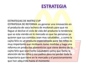 ESTRATEGIAS DE MATRIZ CVP 
ESTRATEGIA DE REFORMA :es generar una innovación en 
el producto de vaca lechera de mcdonals para que no 
llegue al declive el ciclo de vida del producto la tendencia 
que se esta viendo en le mercado es que las personas ya 
quieren que sus comidas sean mas saludables , y como la 
cajita feliz es un producto especializado para los niños es 
muy importante que mcdoanls tome medidas y haga una 
reforma en productos alimenticios que viene dentro de la 
cajita feliz que sean tanto saludables como que llame la 
atención de los niños y sus padres para no perder toda la 
trayectoria que tiene en le mercado y el posicionamiento 
que han adquirido hasta el momento 
 