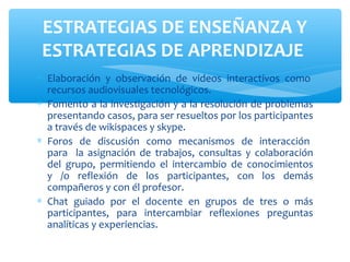ESTRATEGIAS DE ENSEÑANZA Y
 ESTRATEGIAS DE APRENDIZAJE
∗ Elaboración y observación de videos interactivos como
  recursos audiovisuales tecnológicos.
∗ Fomento a la investigación y a la resolución de problemas
  presentando casos, para ser resueltos por los participantes
  a través de wikispaces y skype.
∗ Foros de discusión como mecanismos de interacción
  para la asignación de trabajos, consultas y colaboración
  del grupo, permitiendo el intercambio de conocimientos
  y /o reflexión de los participantes, con los demás
  compañeros y con él profesor.
∗ Chat guiado por el docente en grupos de tres o más
  participantes, para intercambiar reflexiones preguntas
  analíticas y experiencias.
 