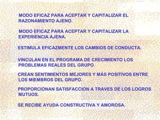 MODO EFICAZ PARA ACEPTAR Y CAPITALIZAR EL
RAZONAMIENTO AJENO.

MODO EFICAZ PARA ACEPTAR Y CAPITALIZAR LA
EXPERIENCIA AJENA.

ESTIMULA EFICAZMENTE LOS CAMBIOS DE CONDUCTA.

VINCULAN EN EL PROGRAMA DE CRECIMIENTO LOS
PROBLEMAS REALES DEL GRUPO.

CREAN SENTIMIENTOS MEJORES Y MÁS POSITIVOS ENTRE
LOS MIEMBROS DEL GRUPO.

PROPORCIONAN SATISFACCION A TRAVES DE LOS LOGROS
MUTUOS.

SE RECIBE AYUDA CONSTRUCTIVA Y AMOROSA.
 