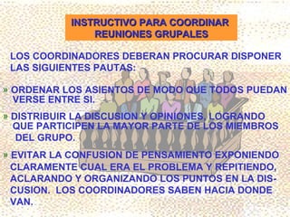 INSTRUCTIVO PARA COORDINAR
               REUNIONES GRUPALES

 LOS COORDINADORES DEBERAN PROCURAR DISPONER
 LAS SIGUIENTES PAUTAS:

» ORDENAR LOS ASIENTOS DE MODO QUE TODOS PUEDAN
  VERSE ENTRE SI.
» DISTRIBUIR LA DISCUSION Y OPINIONES, LOGRANDO
  QUE PARTICIPEN LA MAYOR PARTE DE LOS MIEMBROS
   DEL GRUPO.
» EVITAR LA CONFUSION DE PENSAMIENTO EXPONIENDO
  CLARAMENTE CUAL ERA EL PROBLEMA Y REPITIENDO,
  ACLARANDO Y ORGANIZANDO LOS PUNTOS EN LA DIS-
  CUSION. LOS COORDINADORES SABEN HACIA DONDE
  VAN.
 