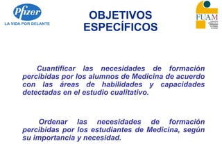 OBJETIVOS
ESPECÍFICOS
Cuantificar las necesidades de formación
percibidas por los alumnos de Medicina de acuerdo
con las áreas de habilidades y capacidades
detectadas en el estudio cualitativo.
Ordenar las necesidades de formación
percibidas por los estudiantes de Medicina, según
su importancia y necesidad.
 