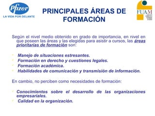 PRINCIPALES ÁREAS DE
FORMACIÓN
Según el nivel medio obtenido en grado de importancia, en nivel en
que poseen las áreas y las elegidas para asistir a cursos, las áreas
prioritarias de formación son:
 Manejo de situaciones estresantes.
 Formación en derecho y cuestiones legales.
 Formación académica.
 Habilidades de comunicación y transmisión de información.
En cambio, no perciben como necesidades de formación:
 Conocimientos sobre el desarrollo de las organizaciones
empresariales.
 Calidad en la organización.
 