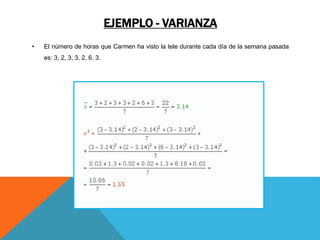 EJEMPLO - VARIANZA
• El número de horas que Carmen ha visto la tele durante cada día de la semana pasada
es: 3, 2, 3, 3, 2, 6, 3.
 