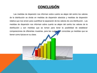 CONCLUSIÓN
Las medidas de dispersión nos informan sobre cuánto se alejan del centro los valores
de la distribución se divide en medidas de dispersión absoluta y medidas de dispersión
relativa que nos sirven para cuantificar la separación de los valores de una distribución . Las
medidas de dispersión nos informan sobre cuanto se alejan del centro los valores de la
distribución y son medidas que se toman para tener la posibilidad de establecer
comparaciones de diferentes muestras, para las cuales son conocidas ya medidas que se
tienen como típicas en su clase.
 