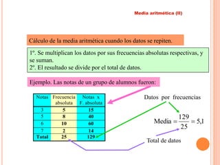 Media aritmética (II) 
Cálculo de la media aritmética cuando los datos se repiten. 
1º. Se multiplican los datos por sus frecuencias absolutas respectivas, y 
se suman. 
2º. El resultado se divide por el total de datos. 
Ejemplo. Las notas de un grupo de alumnos fueron: 
Notas Frecuencia 
absoluta 
Notas x 
F. absoluta 
3 5 15 
5 8 40 
6 10 60 
7 2 14 
Total 25 129 
Datos por frecuencias 
5,1 
129 
Media   
25 
Total de datos 
 