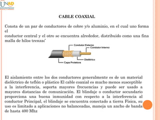 CABLE COAXIAL
Consta de un par de conductores de cobre y/o aluminio, en el cual uno forma
el
conductor central y el otro se encuentra alrededor, distribuido como una fina
malla de hilos trenzados

El aislamiento entre los dos conductores generalmente es de un material
dieléctrico de teflón o plástico El cable coaxial es mucho menos susceptible
a la interferencia, soporta mayores frecuencias y puede ser usado a
mayores distancias de comunicación. El blindaje o conductor secundario
proporciona una buena inmunidad con respecto a la interferencia al
conductor Principal, el blindaje se encuentra conectado a tierra Física, su
uso es limitado a aplicaciones no balanceadas, maneja un ancho de banda
de hasta 400 Mhz

 