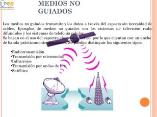 MEDIOS NO
GUIADOS
Los medios no guiados transmiten los datos a través del espacio sin necesidad de
cables. Ejemplos de medios no guiados son los sistemas de televisión radio
difundidos y los sistemas de telefonía celular.
Se basan en el uso del espectro electromagnético, por lo que cuentan con un ancho
de banda prácticamente ilimitado4. Se pueden distinguir los siguientes tipos:
•Radiotransmisión
•Transmisión por microondas
•Infrarrojos
•Transmisión por ondas de luz
•Satélites

 