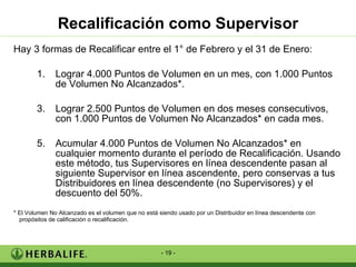 Recalificación como Supervisor Hay 3 formas de Recalificar entre el 1° de Febrero y el 31 de Enero: Lograr 4.000 Puntos de Volumen en un mes, con 1.000 Puntos de Volumen No Alcanzados*. Lograr 2.500 Puntos de Volumen en dos meses consecutivos, con 1.000 Puntos de Volumen No Alcanzados* en cada mes. Acumular 4.000 Puntos de Volumen No Alcanzados* en cualquier momento durante el período de Recalificación. Usando este método, tus Supervisores en línea descendente pasan al siguiente Supervisor en línea ascendente, pero conservas a tus Distribuidores en línea descendente (no Supervisores) y el descuento del 50%. * El Volumen No Alcanzado es el volumen que no está siendo usado por un Distribuidor en línea descendente con propósitos de calificación o recalificación. 
