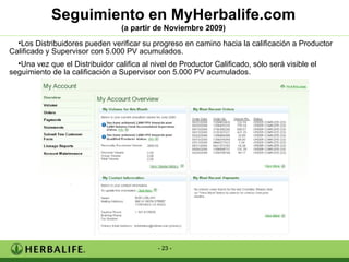 Los Distribuidores pueden verificar su progreso en camino hacia la calificación a Productor Calificado y Supervisor con 5.000 PV acumulados. Una vez que el Distribuidor califica al nivel de Productor Calificado, sólo será visible el seguimiento de la calificación a Supervisor con 5.000 PV acumulados. Seguimiento en MyHerbalife.com   (a partir de Noviembre 2009)  