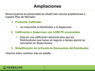 Ampliaciones Ahora tenemos la oportunidad de añadir tres nuevas ampliaciones a nuestro Plan de Mercado: Productor Calificado Un nivel entre el Distribuidor y el Supervisor. Calificación a Supervisor con 5.000 PV acumulados Esta es una calificación adicional para que los Distribuidores que hacen el negocio a tiempo parcial se conviertan en Supervisores. Simplificación de la Escala de Descuentos del Distribuidor Veamos estos cambios más en detalle… 