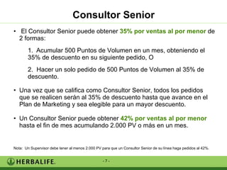 El Consultor Senior puede obtener  35% por ventas al por menor  de 2 formas: Acumular 500 Puntos de Volumen en un mes, obteniendo el 35% de descuento en su siguiente pedido, O Hacer un solo pedido de 500 Puntos de Volumen al 35% de descuento. Una vez que se califica como Consultor Senior, todos los pedidos que se realicen serán al 35% de descuento hasta que avance en el Plan de Marketing y sea elegible para un mayor descuento. Un Consultor Senior puede obtener  42% por ventas al por menor  hasta el fin de mes acumulando 2.000 PV o más en un mes. Nota:  Un Supervisor debe tener al menos 2.000 PV para que un Consultor Senior de su línea haga pedidos al 42%. Consultor Senior 