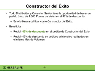 Todo Distribuidor y Consultor Senior tiene la oportunidad de hacer un pedido único de 1.000 Puntos de Volumen al 42% de descuento. Esto lo lleva a calificar como Constructor del Éxito. Beneficios: Recibir  42% de descuento  en el pedido de Constructor del Éxito. Recibir 42% de descuento en pedidos adicionales realizados en el mismo Mes de Volumen. Constructor del Éxito 