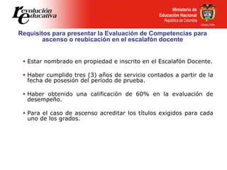 Estar nombrado en propiedad e inscrito en el Escalafón Docente.
 Haber cumplido tres (3) años de servicio contados a partir de la
fecha de posesión del período de prueba.
 Haber obtenido una calificación de 60% en la evaluación de
desempeño.
 Para el caso de ascenso acreditar los títulos exigidos para cada
uno de los grados.
Requisitos para presentar la Evaluación de Competencias para
ascenso o reubicación en el escalafón docente
 