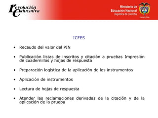 ICFES
• Recaudo del valor del PIN
• Publicación listas de inscritos y citación a pruebas Impresión
de cuadernillos y hojas de respuesta
• Preparación logística de la aplicación de los instrumentos
• Aplicación de instrumentos
• Lectura de hojas de respuesta
• Atender las reclamaciones derivadas de la citación y de la
aplicación de la prueba
 