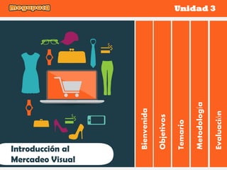 Metodología
Temario
Objetivos
Bienvenida
Evaluación
Unidad 3
Introducción al
Mercadeo Visual
 