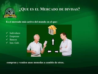 ¿QUE ES EL MERCADO DE DIVISAS?

Es el mercado más activo del mundo en el que:



   Individuos
   Empresas
   Bancos
   Inst. Gub.




compran y venden unas monedas a cambio de otras.
 