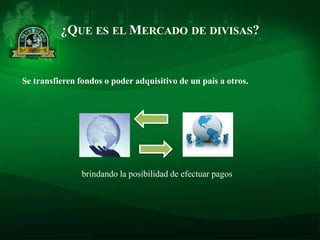 ¿QUE ES EL MERCADO DE DIVISAS?


Se transfieren fondos o poder adquisitivo de un país a otros.




                brindando la posibilidad de efectuar pagos
 